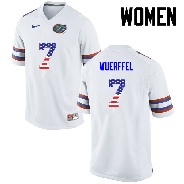Women Florida Gators #7 Danny Wuerffel College Football USA Flag Fashion Jerseys-White - Click Image to Close